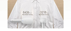 White shirt with steam iron showing time savings on a wooden background