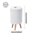 White cylindrical trash bin with wooden legs and dimensions displayed on a white background