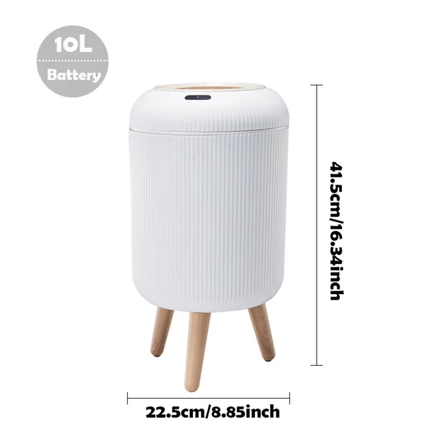 White cylindrical trash bin with wooden legs and dimensions displayed on a white background