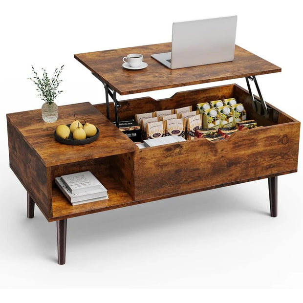Wooden coffee table with lift-top design, displaying a laptop and various items on a white background.
