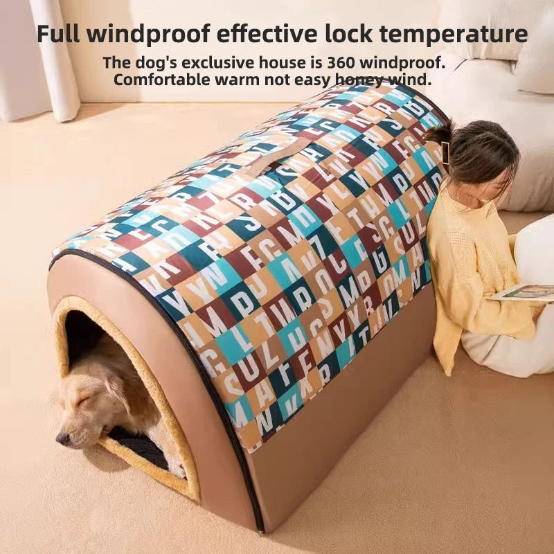 Dog house with colorful pattern on a beige carpet, child reading nearby