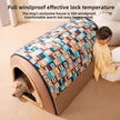 Dog house with colorful pattern on a beige carpet, child reading nearby