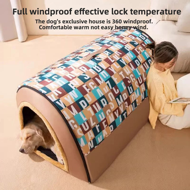 Dog house with colorful pattern on a beige carpet, child reading nearby