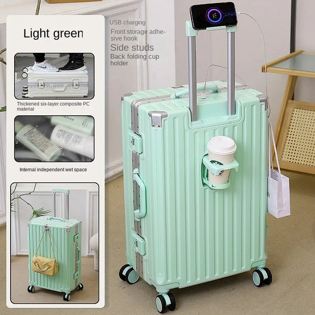Light green suitcase with cup holder and charging port, surrounded by lifestyle images.