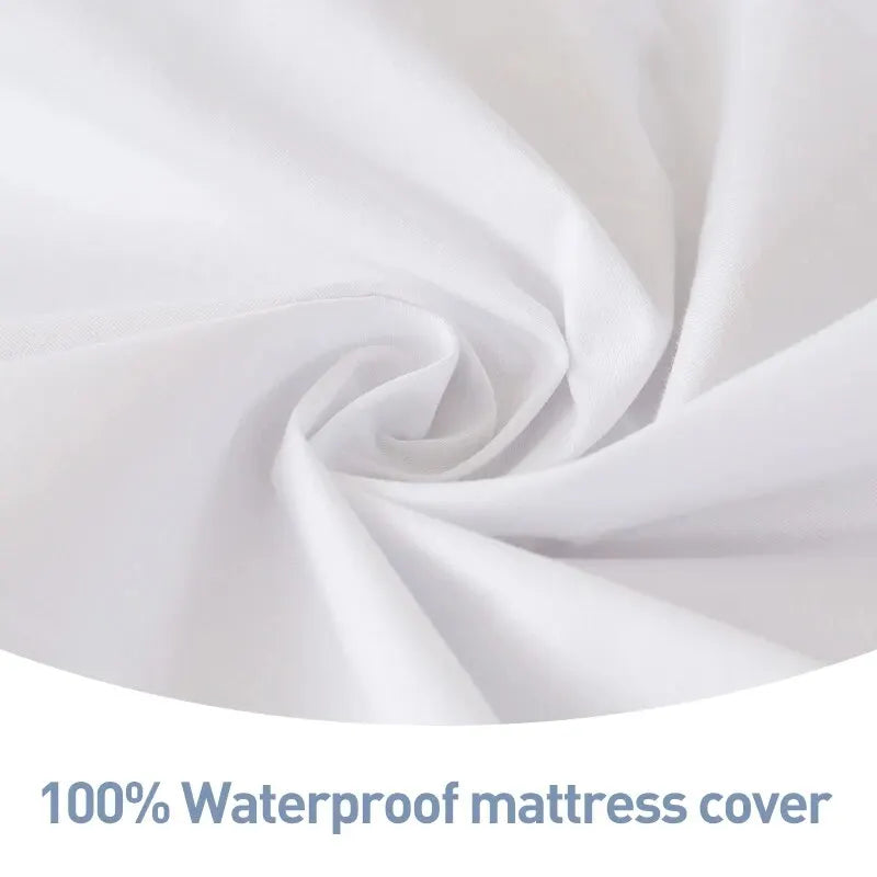 Close-up of a white 100% waterproof mattress cover with text.