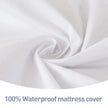 Close-up of a white 100% waterproof mattress cover with text.