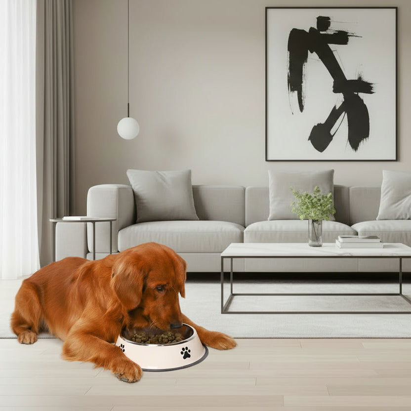 Dog eating from a bowl of kibble on a white background