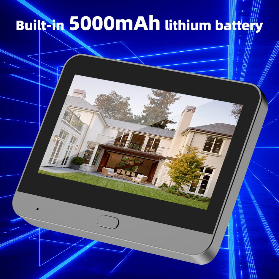 Digital display showing a house with text about a 5000mAh lithium battery on a blue geometric background