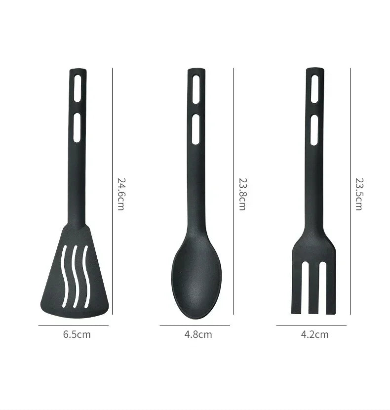 Black kitchen utensils with measurements on a white background