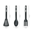 Black kitchen utensils with measurements on a white background