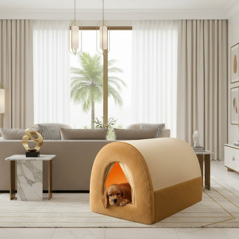 Beige pet house with a soft texture on a light wooden floor.