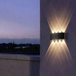 Outdoor wall light fixture on a rainy evening with cityscape in the background