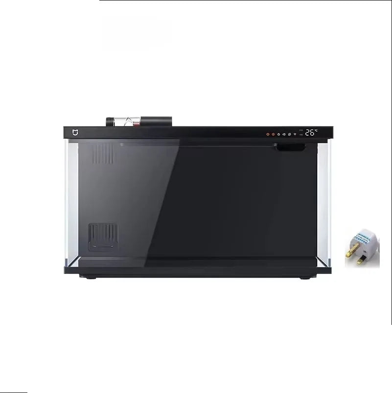 Black electronic device with a plug on a white background