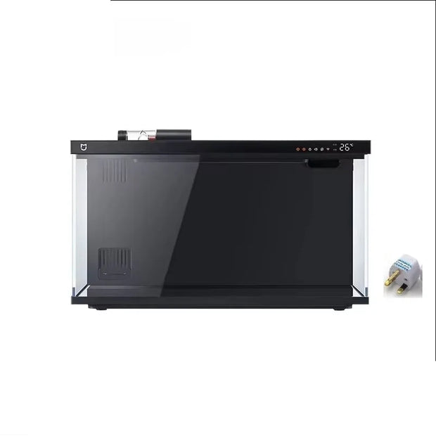 Black electronic device with a plug on a white background