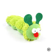 Green caterpillar-shaped plush toy with a red nose on a white background