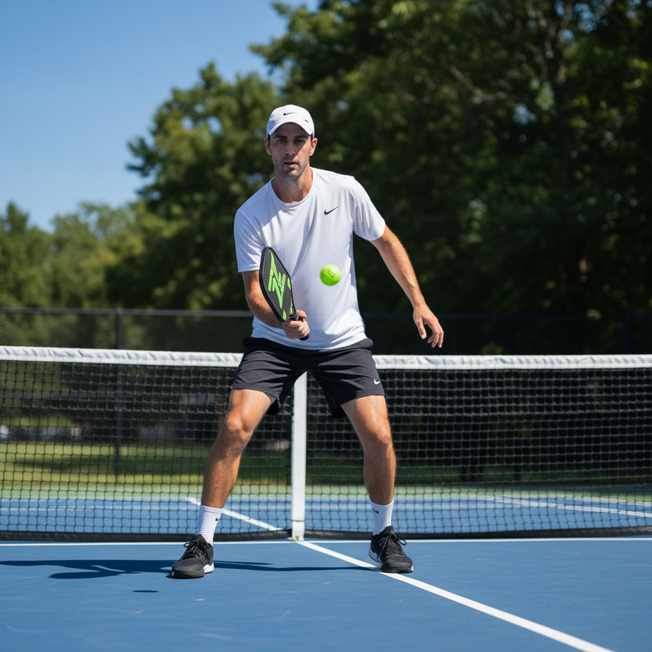 Man playing pickleball with a green paddle and ball against a blue sky.