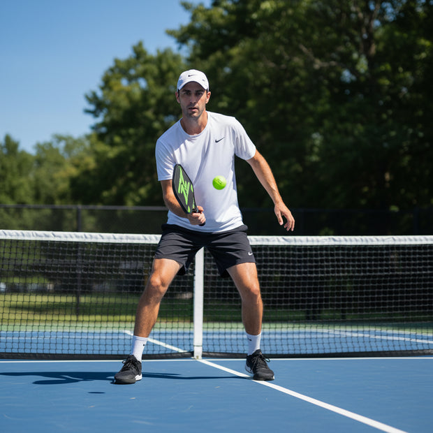 Man playing pickleball with a green paddle and ball against a blue sky.