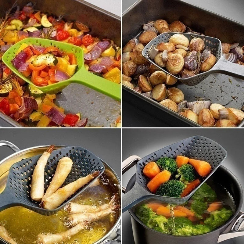 Multifunctional kitchen tool used for cooking various ingredients including vegetables and seafood.