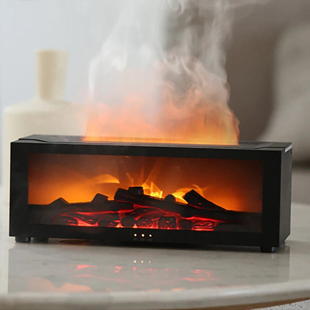 Rectangular electric fireplace insert with flames and smoke on a marble surface.