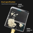 Cat litter scooper with grid showing 4MM and 8MM cat litter particles on a black background.
