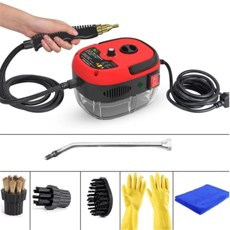 Red and black cleaning machine with attachments on a white background