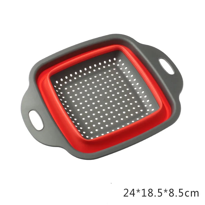 Collapsible silicone strainer with red interior and gray exterior on a white background