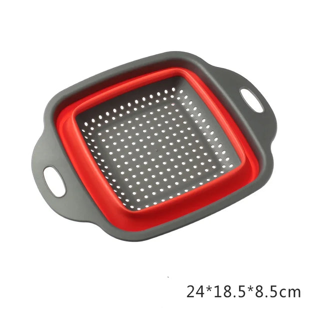 Collapsible silicone strainer with red interior and gray exterior on a white background