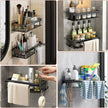 Collage of a black wall-mounted shelf in various settings with bathroom and kitchen items.