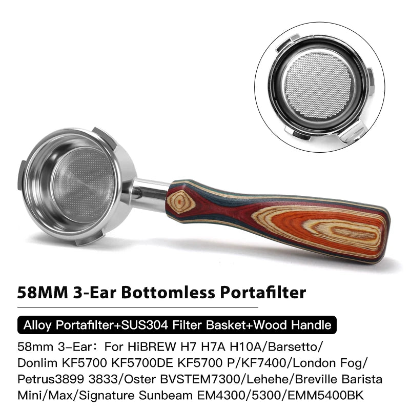 بورتافيلتر 58mm بدون قاع – 3 آذان، سلة SUS304، متوافق مع Breville وHiBREW وBarsetto والمزيد
