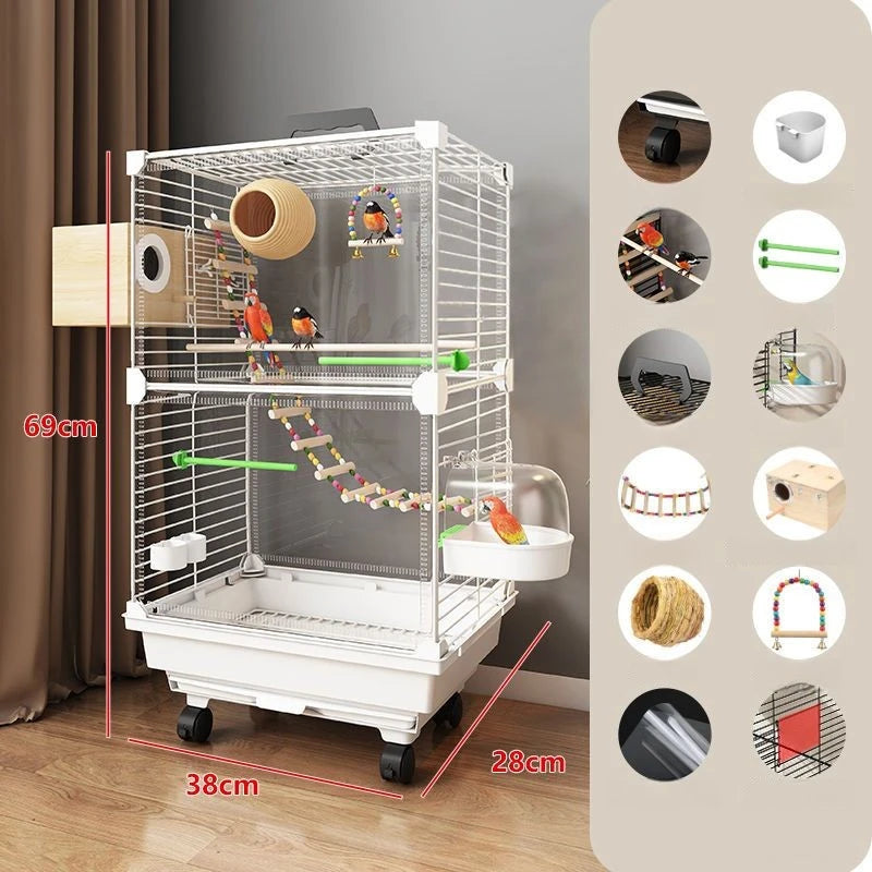 Bird cage with various perches and toys on a wooden floor, with dimensions displayed.