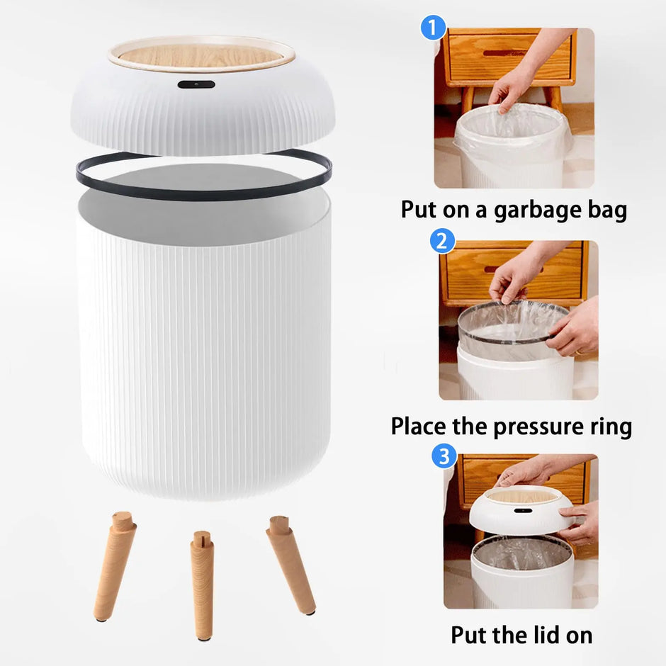 White trash bin with assembly instructions on a white background
