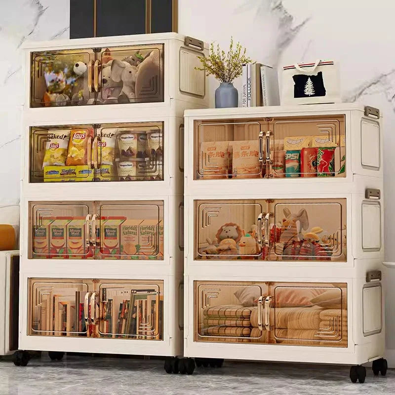 Storage cabinets with transparent doors displaying various items in a room.