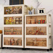 Storage cabinets with transparent doors displaying various items in a room.