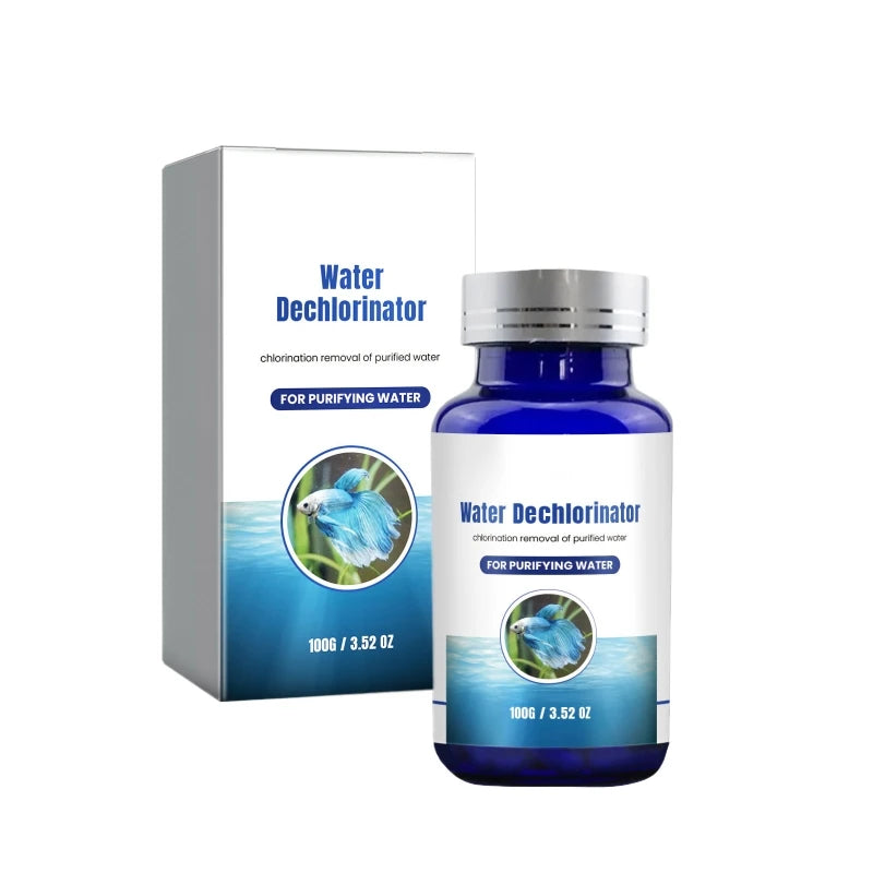Water dechlorinator bottle and packaging on a white background