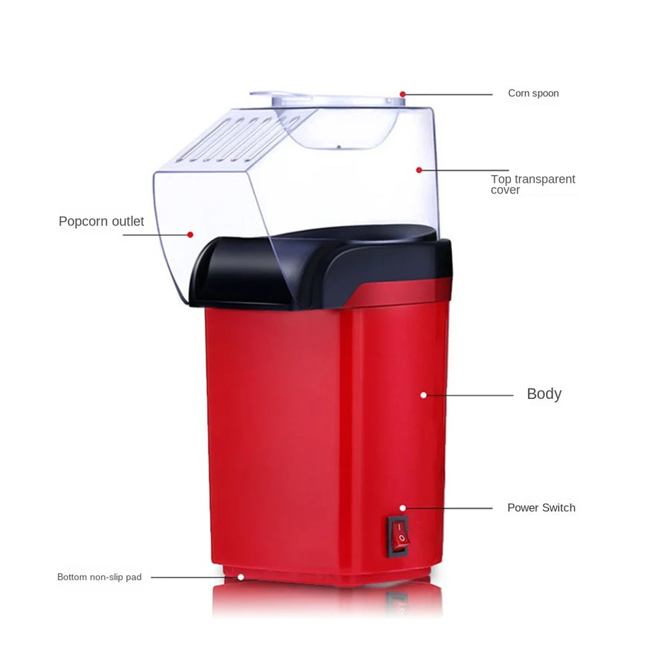 Red popcorn maker with labeled parts on a white background