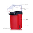 Red popcorn maker with labeled parts on a white background