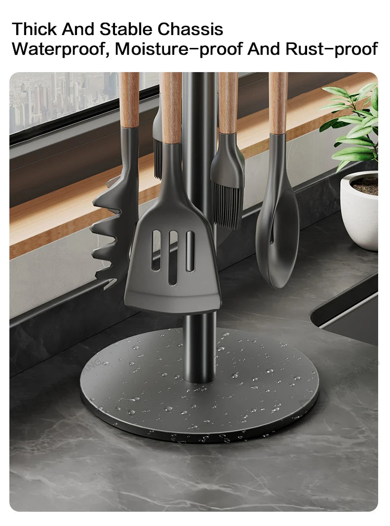 Set of kitchen utensils on a stand with text about chassis properties.