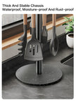 Set of kitchen utensils on a stand with text about chassis properties.