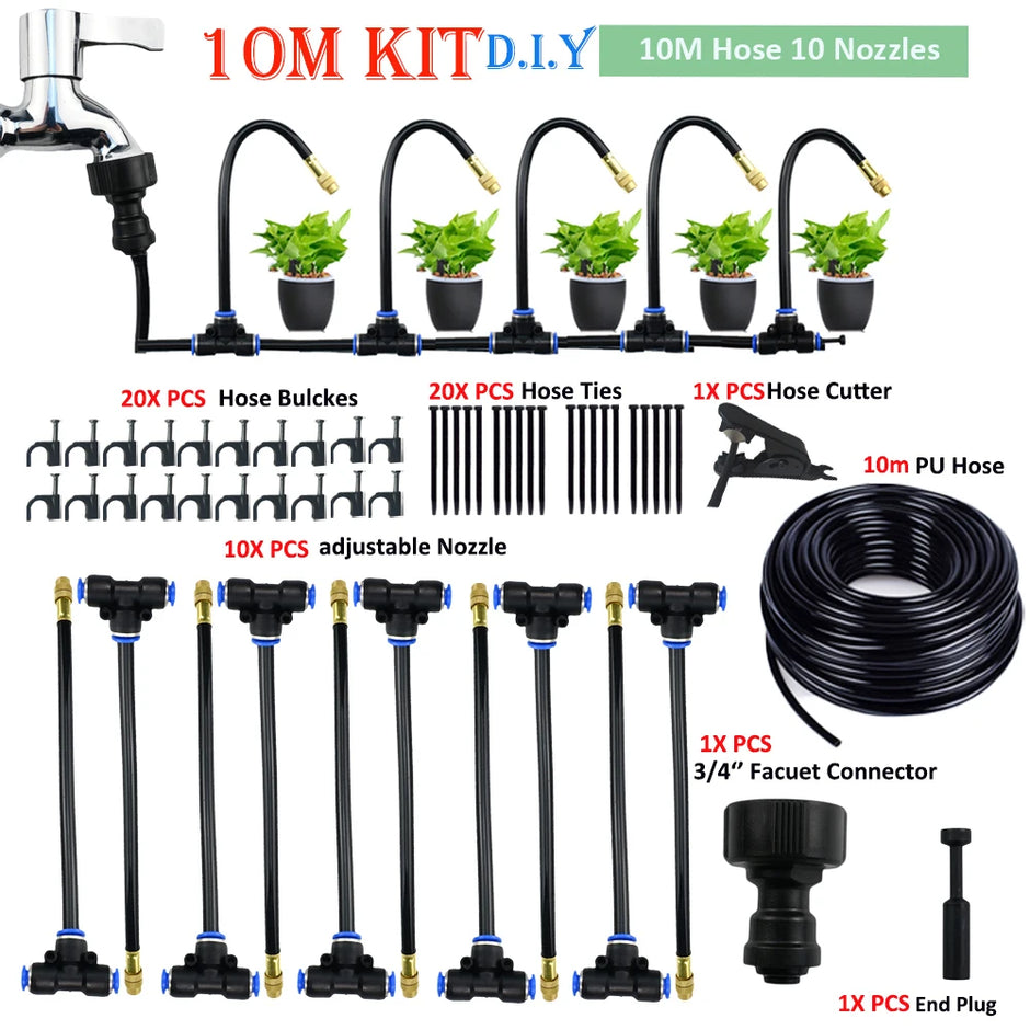 Diy irrigation system kit with hose, nozzles, and connectors on a white background