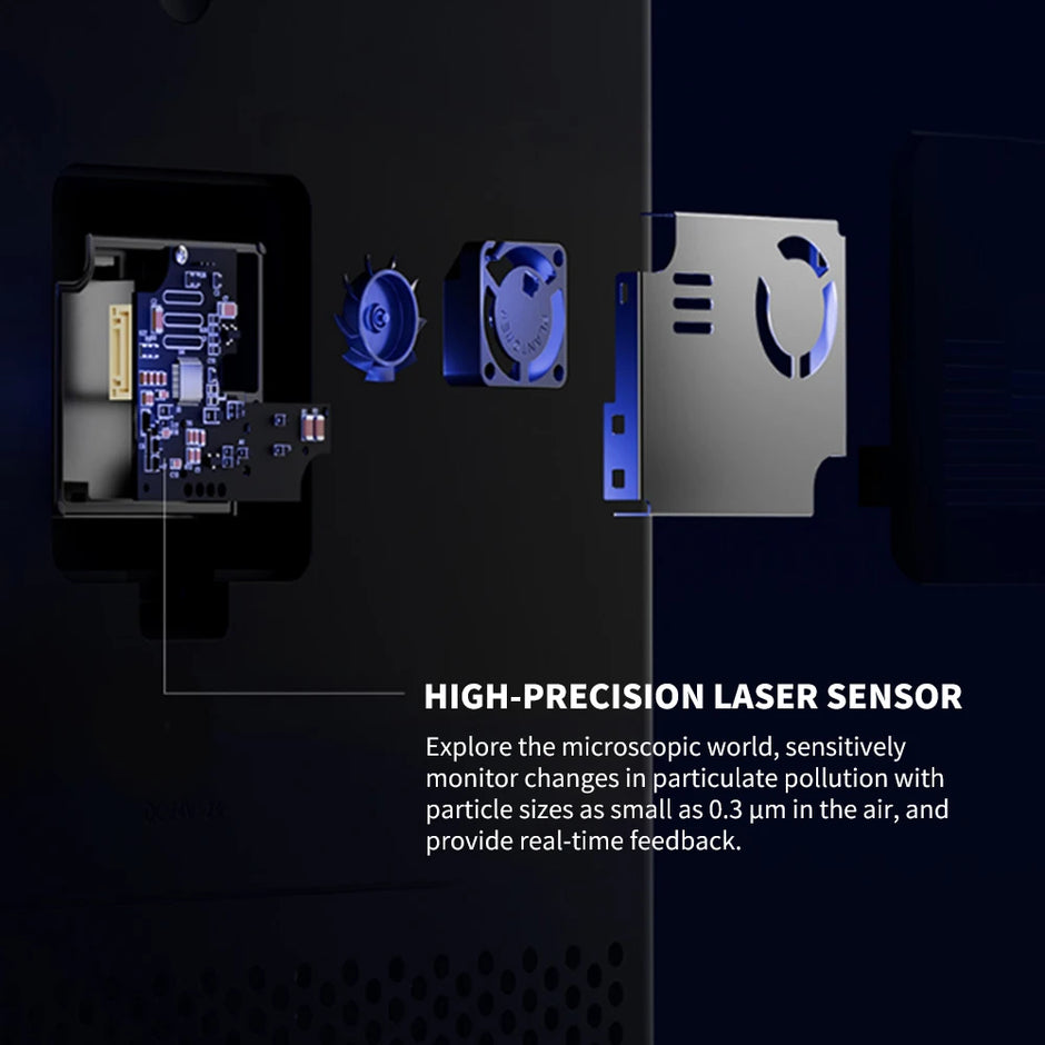 High-precision laser sensor with electronic components on a dark background