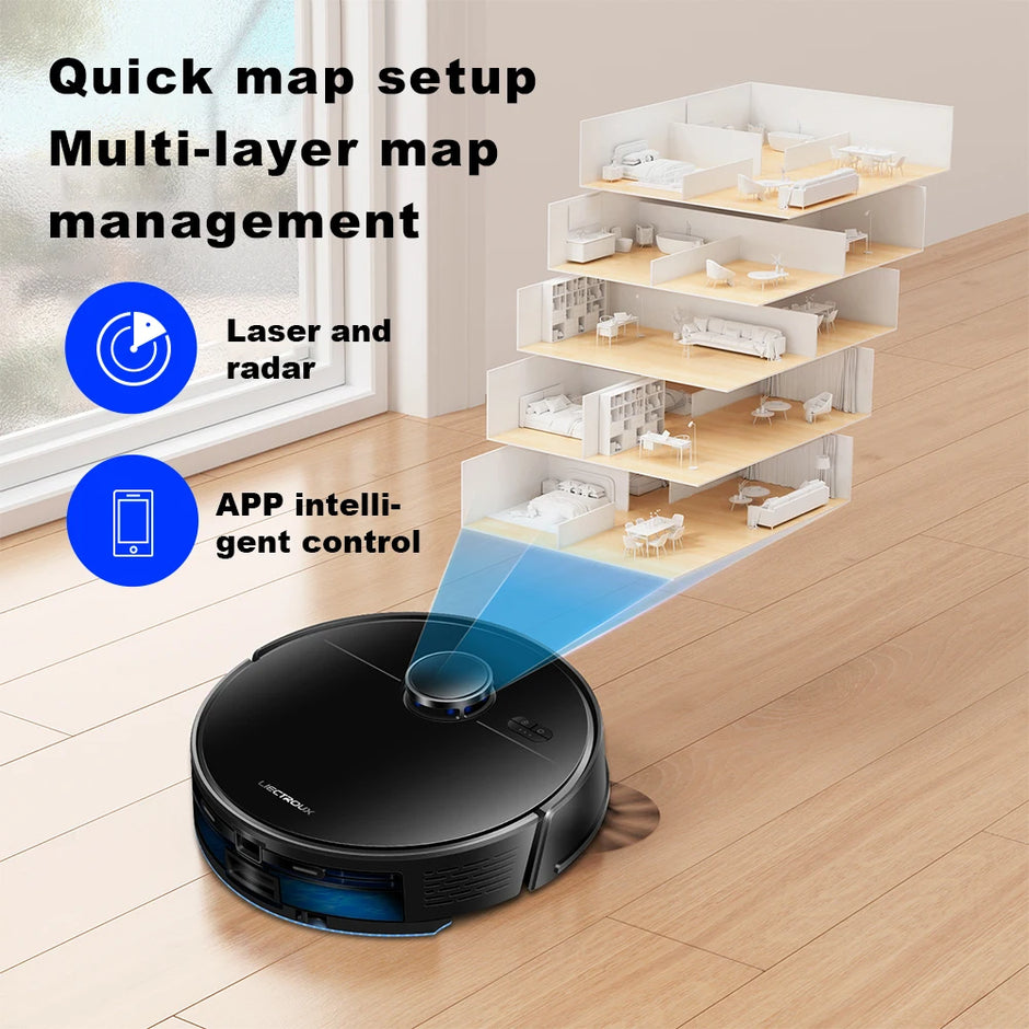 Robotic vacuum cleaner with laser and radar technology on a wooden floor, showing map setup and management features.