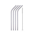 Set of four metal straws with a cleaning brush on a white background
