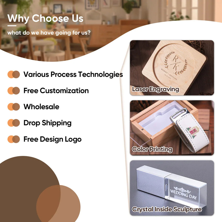 Promotional graphic highlighting services offered with images of engraved products.