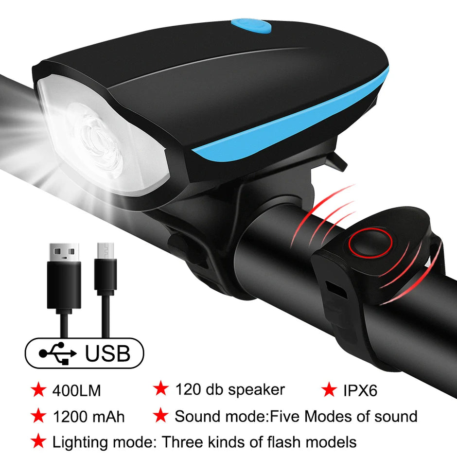 Bicycle light with USB cable, speaker, and various features on a white background