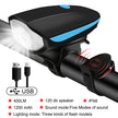 Bicycle light with USB cable, speaker, and various features on a white background