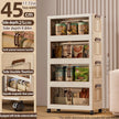 Storage cabinet with various items on shelves, showing dimensions and features.