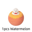 Small white dog figurine with a red bow tie sitting on a watermelon-shaped object with '1 pcs Watermelon' text below.
