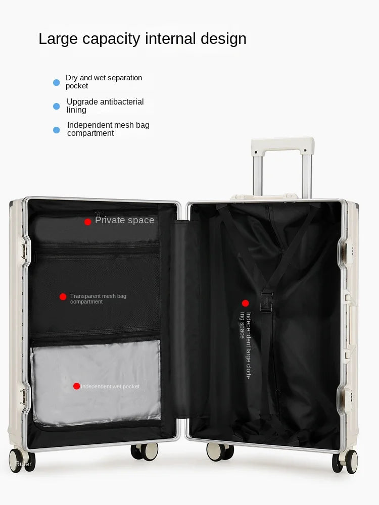 Open suitcase with interior compartments labeled on a white background
