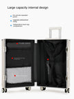 Open suitcase with interior compartments labeled on a white background