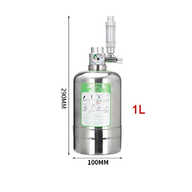 Metal gas cylinder with a green label and measurement details on a white background